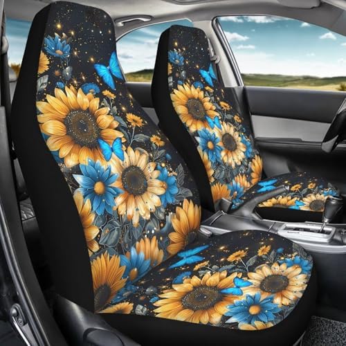 BIGCARJOB Sunflower Car Accessories Sets 2 Pcs Auto Front Seat Protector Butterfly Print Car Seat Cover Sets for Womens Girly Cute Car Interior Seat Cushion Pads