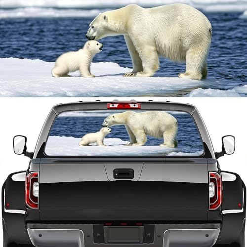 Nature Polar Bear Truck Back Window Graphics Decals, Modern Wild Animals Universal See Through Rear Window Vinyl Wrap Full Window Decals for Trucks SUV 66 x 22 inch