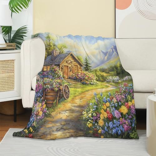 Spring House Flowers Blanket, Soft Warm Cozy Throw Gifts for Adults Kids Women, Lightweight Comfy Fuzzy Flannel Blankets for Couch, Travel, Car, Home Decor 80×60 Inch - Image 2