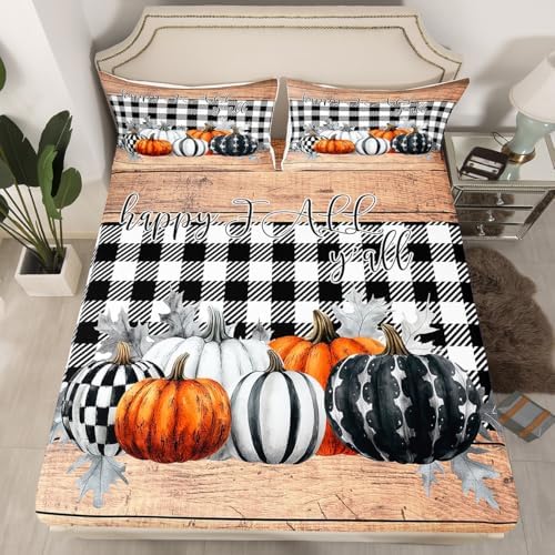 Fall Pumpkins Bed Sheets Full Rustic Farmhouse Thanksgiving Theme Beddig Set Black White Buffalo Plaid Fitted Sheet Happy Autumn Fall Sheet Set Wooden Board Flat Sheet 2 Pillow Cases Home Room Decor - Image 3
