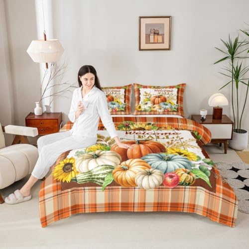 Homewish Fall Pumpkin Sunflower Comforter Set Twin Size Orange Plaid 2Pcs - Image 4