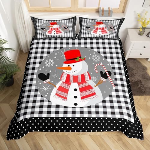 Cute Snowman Kids Duvet Cover Set Full Size,Merry Christmas Snowflake Xmas Bedding Set,Girls Boys Adults Room Decor,Geometric Grids Dots Fashion Comforter Cover,Black White Quilt Cover,2 Pillowcases - Image 4