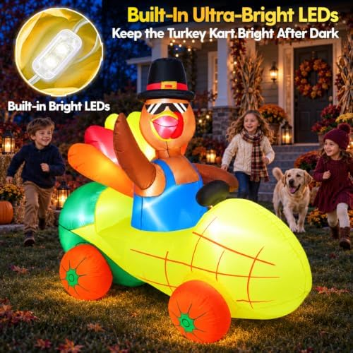 zukakii 6FT Thanksgiving Inflatable Turkey Driving Corn Car Fall inflatables with Bright Built-in LED Lights Thanksgiving Blow Up Turkey Outdoor Blow Up Yard Decoration for Harvest Fall Yard Decor - Image 3