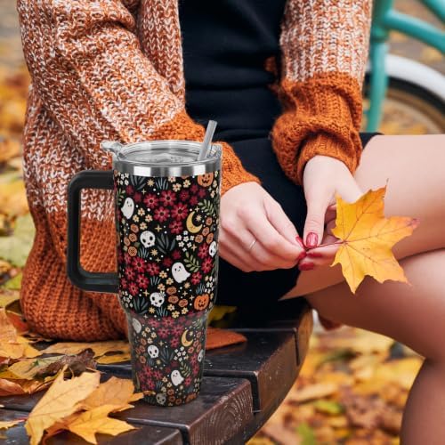 Halloween Tumbler with Handle 40oz Fall Cute Ghost Skull Flowers Coffee Travel Mug Stainless Steel Insulated Cups Halloween Fall Aesthetics Decor Gifts - Image 2