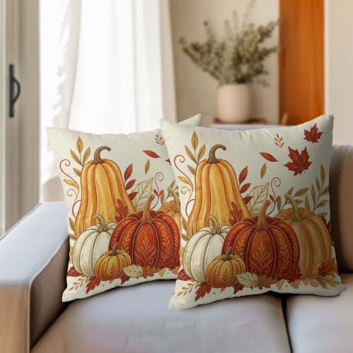 Fall Pumpkin Pillow Covers 24x24 Set of 2 Vintage Burnt Orange Maple Leaves Outdoor Throw Pillows Covers Autumn Thanksgiving Cream Farmhouse Decorative Farmhouse Cushion Case for Room Couch Sofa - Image 3