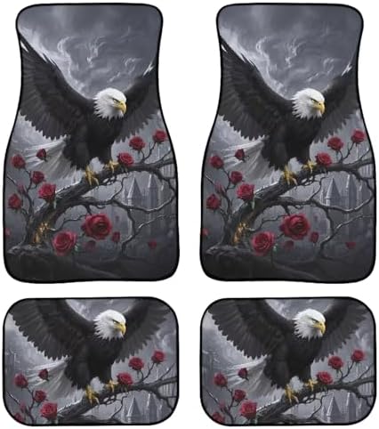 Bald Eagle Car Floor Mats Gothic Eagle Rose Flower All Weather Car 1st & 2nd Row Floor Mats Interior Carpet Art Aesthetics Universal for SUV Sedan Car Trucks Black