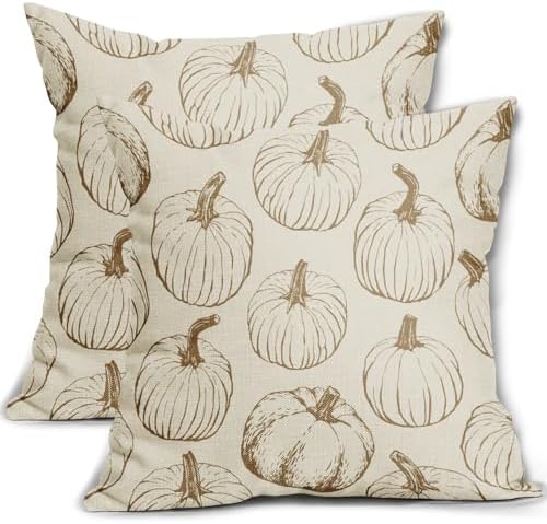 Brown Pumpkin Fall Pillow Covers 18x18 Set of 2 Autumn Themed Thanksgiving Harvest Print Decorative Throw Pillows Outdoor Farmhouse Pillowcases Cushion Case Seasonal Decor for Couch Sofa Bed by Aytipun