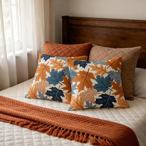 Fall Pillow Covers 20x20 Set of 2 Burnt Orange Blue Maple Leaf - Image 7