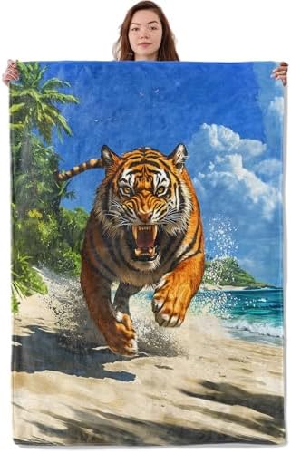 Fierce Tiger Blanket,Soft Warm Cozy Throw,Practical Gifts for Adults,Men,Animal Lovers,Summer Beach and Ocean Flannel Blankets for Farmhouse,Couch,Travel,Bed,Nature House Decor 60×50 Inch by Unknown