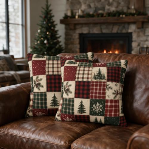 Christmas Plaid Pillow Covers 16x16 Set of 2 Winter Holiday Farmhouse Decor - Image 2