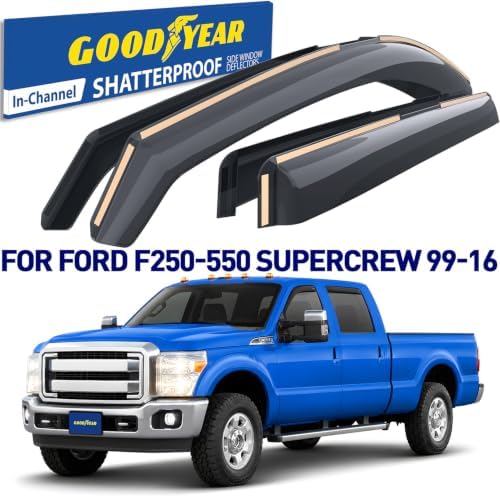 Goodyear Shatterproof in-Channel Window Deflectors for Ford F250 to F550 Super Duty 1999-2016 SuperCrew, Rain Guards, Window Visors for Cars, Vent Deflector, Car Accessories, 4 pcs - GY003430