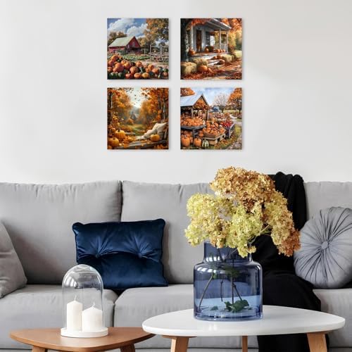 Rustic Fall Pumpkin Wall Art Farmhouse Barn Landscape Wall Decor for Living Room Vintage Autumn Picture Bedroom Nature Country Scenery Canvas Print Modern Artwork Kitchen Home Decoration 12x12" 4P - Image 2
