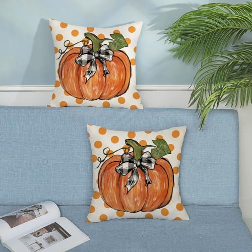 Fall Pillow Covers 18x18 Set of 2 Orange Pumpkin Leaf and Polka Dot Fall Decor Pillowcase Autumn Thanksgiving Decorative Outdoor Throw Pillow Covers Linen Farmhouse Cushion Case for Sofa Home - Image 3