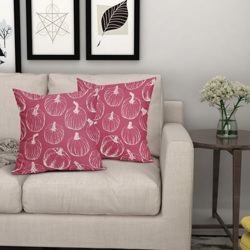 Dark Pink Fall Pumpkin Pillow Covers 16x16 Set of 2 Autumn Themed Thanksgiving Cream Print Decorative Throw Pillows Outdoor PillowCase Farmhouse Linen Cushion Case Decor for Home Sofa Couch Bed - Image 7