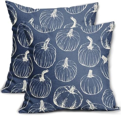 Blue Fall Pumpkin Pillow Covers 20x20 Set of 2 Autumn Themed Thanksgiving Cream Print Decorative Throw Pillows Outdoor Pillowcase Farmhouse Linen Cushion Case Decor for Home Sofa Couch Bed by Aytipun