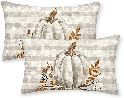 Fall Pillow Covers 12x20 Set of 2 Pumpkin Leaf Branch and Stripes Fall Decor Pillowcase Linen Autumn Thanksgiving Decorative Outdoor Throw Pillow Covers Farmhouse Cushion Case for Couch Home by Gohdiwh