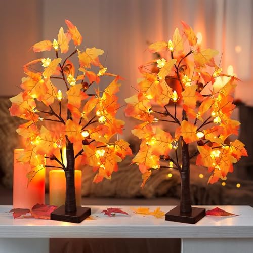 2 Packs 24 Inch Lighted Maple Tree Fall Thanksgiving Decorations with 48 LEDs Timer Battery Operated 3D Acorn Maple Lampshade Artificial Autumn Tree Lights for Thanksgiving Table Decor Home Indoor - Image 5