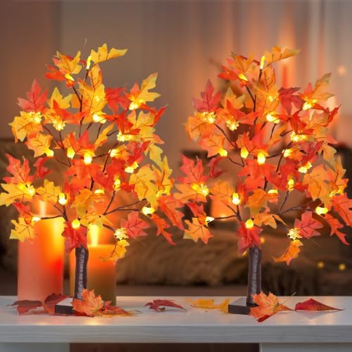 2 Pack 24 Inch Artificial Lighted Maple Tree with 48 LEDs Timer Fall Thanksgiving Decorations Battery Operated Prelit Acorn Maple Tree Lights for Thanksgiving Table Decor Home Indoor Autumn Harvest - Image 6