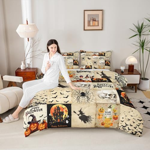 Homewish Happy Halloween Comforter Set King Size,Kids Pumpkin Lantern Witch Bat Skull Spider Web Bedding Set Brown Grid Patchwork Quilt Set Vintage Gothic Duvet Insert Boys Girls Bedroom Decor 3Pcs - Image 6