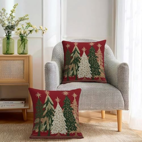 KiuLoam Red Christmas Pillow Covers 16x16 Set of 2 Gold Green Christmas Tree Print Decorative Outdoor Throw Pillow Cases Winter Holiday Cushion Covers for Sofa Bed Couch Living Room Decor - Image 3