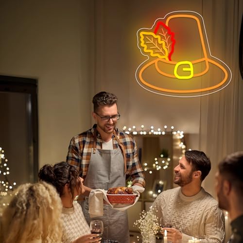Thanksgiving Hat Neon Sign Thanksgiving LED Neon Light Decoration Glowing Sign USB Powered Wall Hanging Decoration for Fall Neon Sign, carnival, indoor Thanksgiving decoration. - Image 4