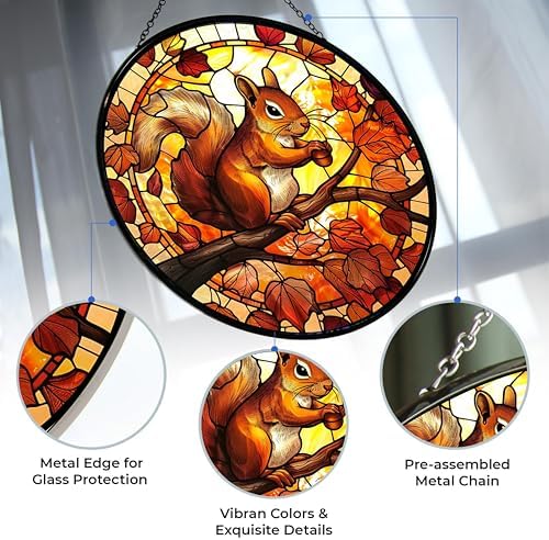 Squirrel Stained Glass Window Hanging 12” Round Handicraft Blue Flower Glass Window Panel Farmhouse Style Window Suncatcher Perfect Window Hangings Housewarming Gift (with Chain Hook) - Image 2
