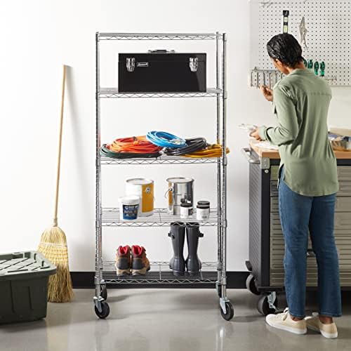 Amazon Basics 5-Shelf Adjustable, Heavy Duty Storage Shelving Unit on 4" Wheel Casters, Easy to Move Portable Wire Shelving, No Tools Needed for Easy Assembly, 30" x 14" x 64.8", Chrome - Image 5