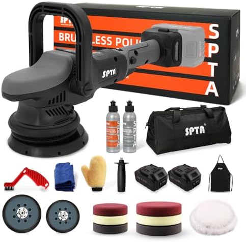 SPTA 18V Cordless Car Polisher, 15mm Orbit 2000-4800 OPM Portable Buffer Polisher with 7 Variable Speed 2Pcs 4.0Ah Battery, 6 Sponge Pads,2 Wool Pad, Tool Bag for Car Polishing, Waxing by SPTA