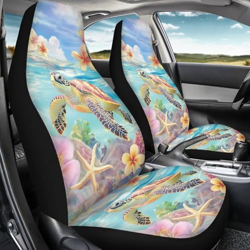 Sea Turtle 2pcs Car Seat Cover Set, Tropital Plumeria Car Seat Covers Full Set Accessories Auto Truck SUV, Hawaii Easy to Install Sedan Front Bench Cover