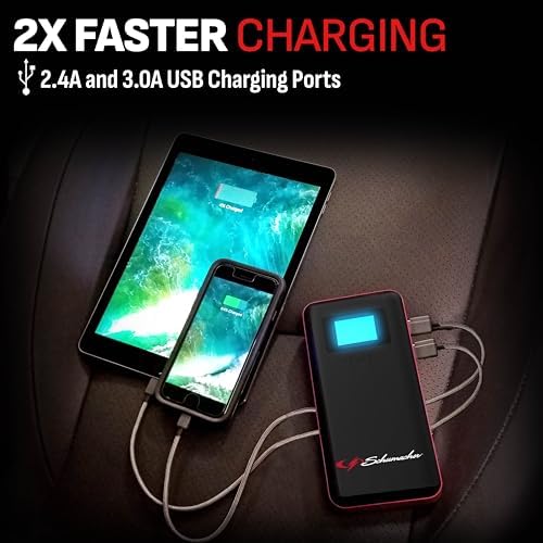 Schumacher Electric 1000 Peak Amp 12V Portable Lithium Car Battery Jump Starter & Power Pack - Lithium Ion Jump Box - with USB Charging & LED Emergency Light - SL1639