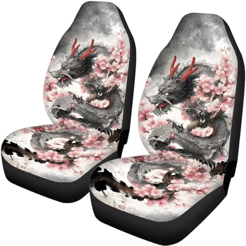 Cool Dragon Cherry Blossom Print Car Seat Covers 4Pcs Front & Rear Breathable Seat Covers Universal Fits for Truck, Sedan, SUV Auto Interior Protector Car Accessories