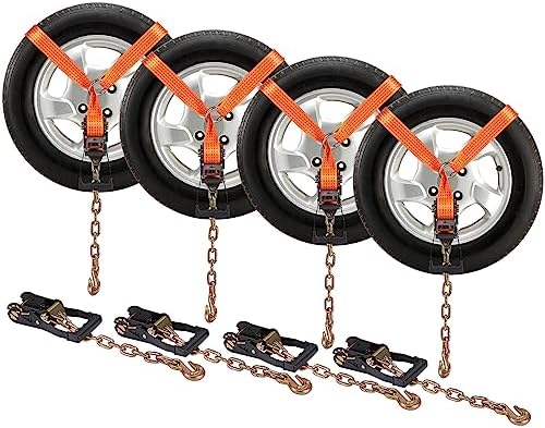 VEVOR Car Tie Down with Chain Anchors, Lasso Style 2"×120" Tire Straps, 5865 LBS Working Load, 11023 LBS Breaking Strength, with Heavy Duty Ratchets for Passenger Car, ATV, SUV, UTV, Truck, 4-Pack