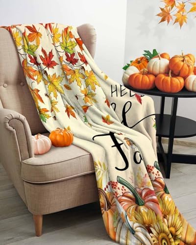 DecorLovee Orange Hello Fall Blanket 40"x50", Reversible Thanksgiving Pumpkins Throw Blanket for Couch/Bed/Camping, Maple Leaf Lightweight Soft Throw Blankets for Girls, Warm Fuzzy Blankets for Winter - Image 3