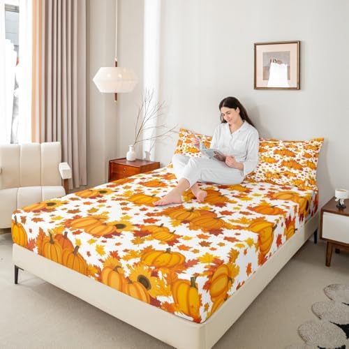 Fall Pumpkin Bed Sheets Full Autumn Maple Leaves Bedding Set Thanksgiving Harvest Season Decor Sheet Set For Home,Rustic Farmhouse Sunflower Fitted Sheet Orange White Flat Sheet + 2 Pillow Cases - Image 7
