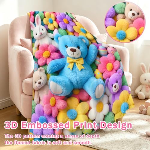 Jekeno 3D Plush Teddy Bear Blanket Gift, Floral Print Flannel Throw 60"x50" - Image 3