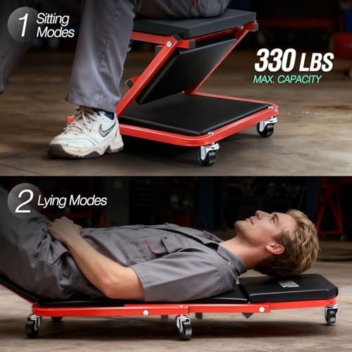 ‎DNA MOTORING TOOLS-00184 36 Inches 2 IN 1 Rolling Folding Car Creeper/Seat, 6 Pcs 2" Casters, 150kg Weight Capacity, Red - Image 4