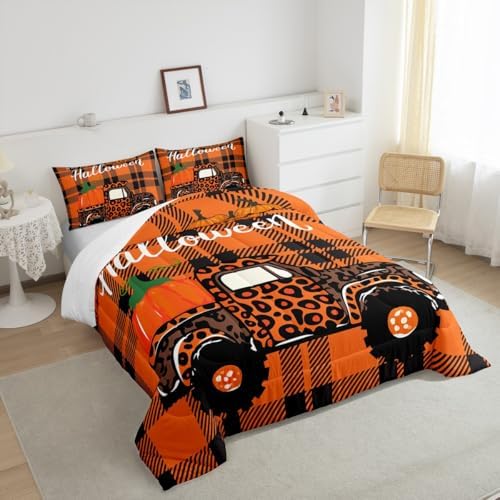 Homewish Halloween Pumpkin Camper Comforter Set Twin Size,Orange Leopard Print Car Bedding for Kids Adults Room Decor,Geometric Plaid Quilt Happy Bedspread 2pcs,1 Pillowcase - Image 6