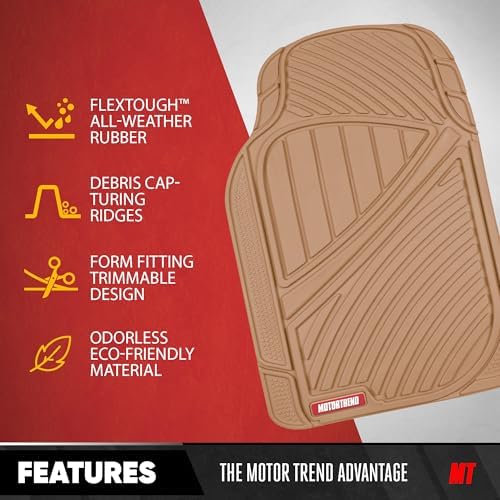 Motor Trend 3-Row Heavy Duty Rubber Floor Mats & Liners for Car SUV Van, Front 2nd & 3rd Row Durable Polymerized Latex Full Interior Protection, Extra-High Ridgeline Design, Beige