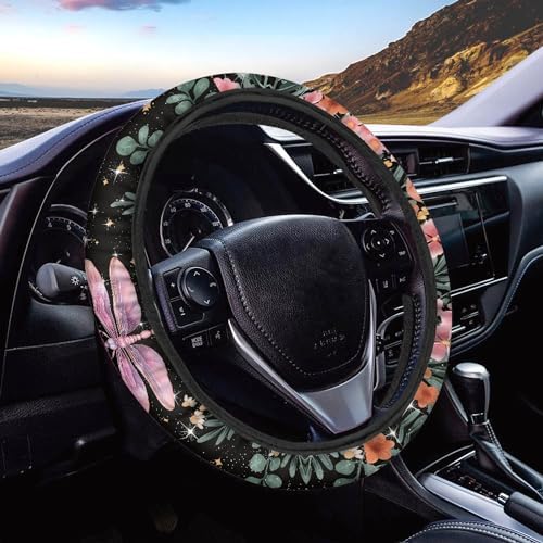 12 Pcs Dragonfly Car Seat Covers Full Set Moon Stars Flower Cottagecore Dragonfly Front Back Seat Cover,Fit Most Cars, Truck,Elastic Steering Wheel Cover Seatbelt Keychain Armres Pads Decor