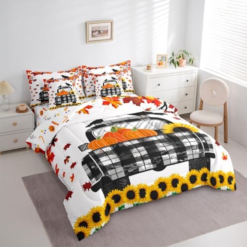 Black White Farm Car King Size Comforter Set 7 Piece Thanksgiving Pumpkin Sunflower Bedding Comforter Set,Crow Maple Tree Fall Leaves Bed in a Bag with Comforter,Flat Sheet,Fitted Sheet,Pillowcases - Image 2
