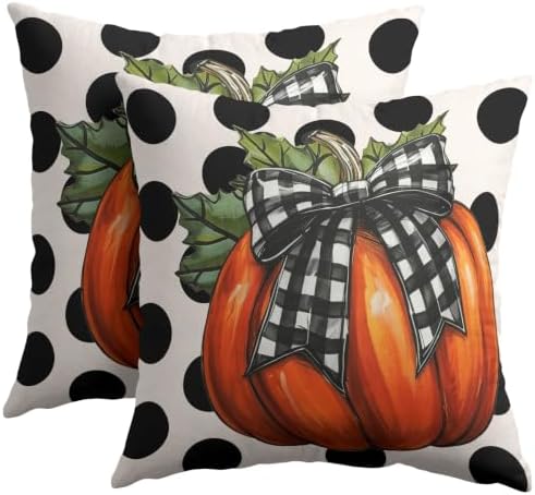 Fall Pumpkin Pillow Covers 24x24 Set of 2 Vintage Orange Buffalo Plaid Bow Polak Dot Outdoor Throw Pillows Covers Autumn Thanksgiving Decorative Farmhouse Cushion Case for Living Room Couch Sofa by Unknown