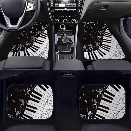 Black White Musical Skeleton Print Funny Halloween Car Floor Mats 4 PCS, Cute Durable Interior Accessories for Car SUV, All Weather Floor Mats with Front Rear Trunk Liners Set for Party