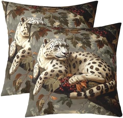 Snow Leopard Throw 16"x16" Pillow Covers 2 Pack,Rustic Jungle White Cheetah Wild Animal Double Sides Print Cushion Covers,Fall Maple Leaves Branch Red Berry Square Couch Pillow Covers by Manfei
