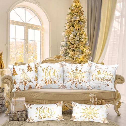 Lanpn Christmas Throw Pillow Covers 12x12 4 pcs, 12 inch White and Gold Bronzing Decorative Xmas Cushion Covers Pillow Cases 12 x 12 for Home Bedroom Room Holiday Couch Decor Decorations - Image 4