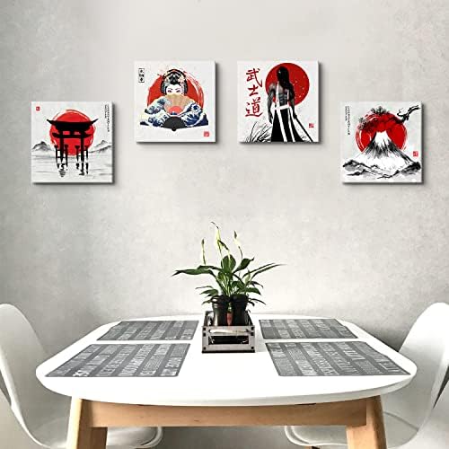 Japanese Wall Art Vintage Anime Posters Asian Samurai Geisha Fuji Mountain Picture Canvas Prints Red Decor for Living Room Bedroom Japan Painting Modern Artwork Bathroom Home Decorations 12x12” 4Pcs - Image 6