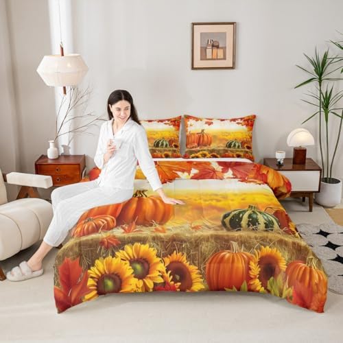 Feelyou Fall Bedding Set for Girls Boys Kids King Size Maple Leaves Pumpkin Comforter Cover Room Decor Daisy Botanical Floral Printed Duvet Cover Beige Orange Yellow Quilt Set - Image 4