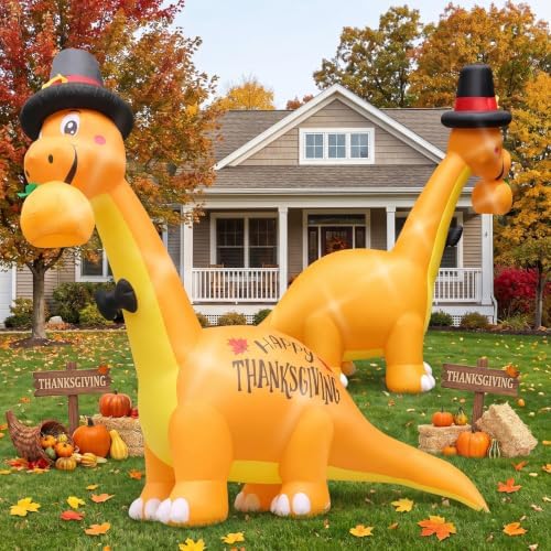 10FT Thanksgiving Inflatables Dinosaur with Pumpkin Outdoor Decorations - Image 6