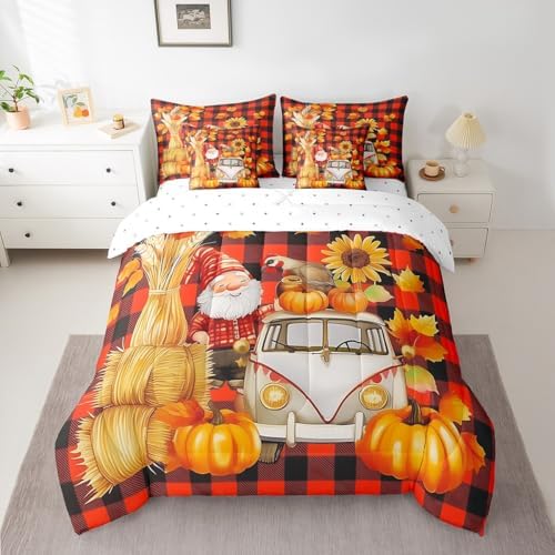 Erosebridal Pumpkin Car Bed in A Bag Queen 7 Piece Cartoon Fall Gnome Bedding Set with Sheets Farmhouse Sunflower Maple Leaf Comforter Set for Kids Adults Orange Black Check Bed Set - Image 2