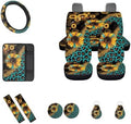 Leopard Sunflower Car Seat Covers for Women Men,Neoprene Car Steering Wheel Cover Seatbelt Pads Armrest Pads Keychain Leopard Car Interior Sets Leopard Car Coasters Decor Accessory