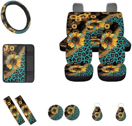 Leopard Sunflower Car Seat Covers for Women Men,Neoprene Car Steering Wheel Cover Seatbelt Pads Armrest Pads Keychain Leopard Car Interior Sets Leopard Car Coasters Decor Accessory